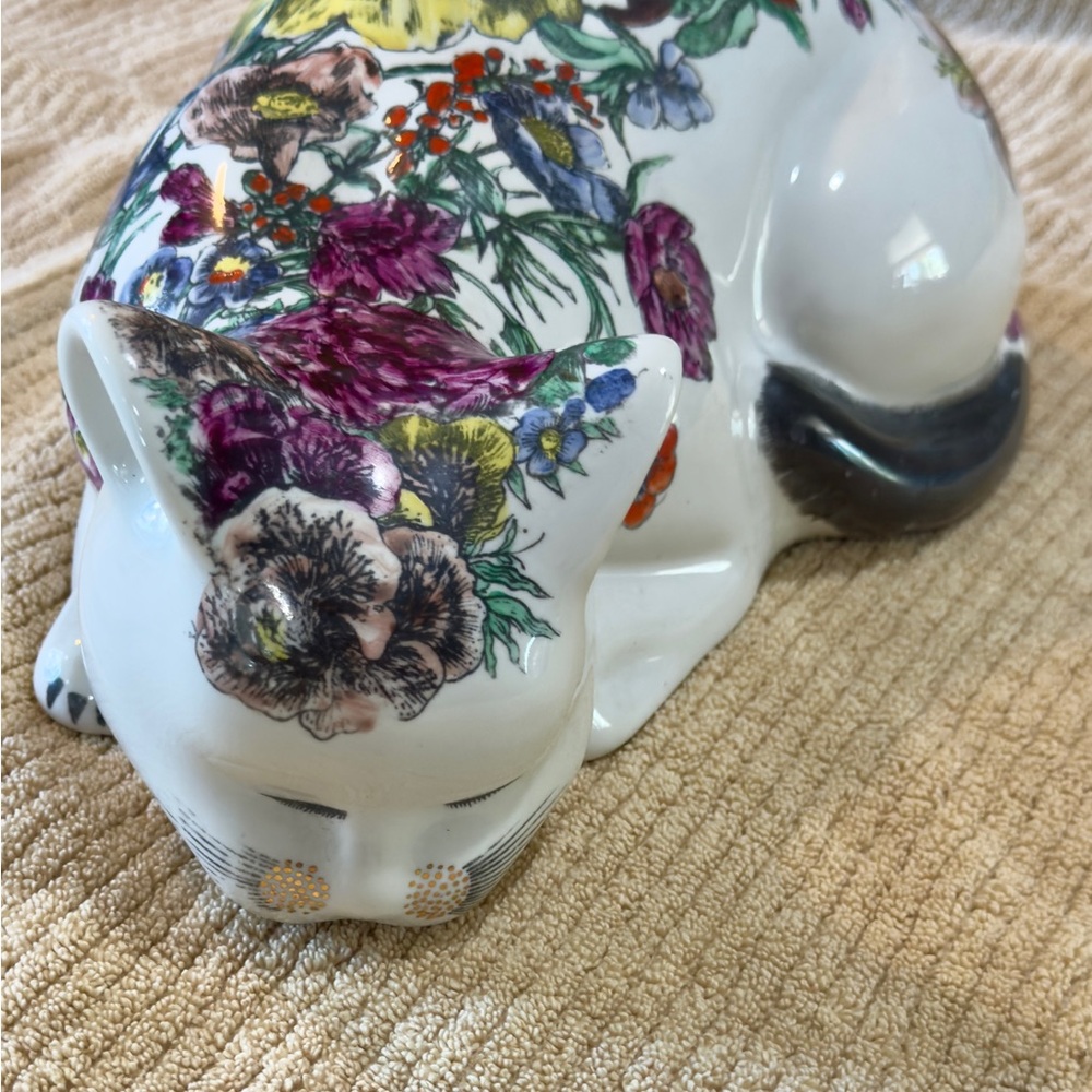 Rare Fornasetti Cat Figurine Floral Italy Mid-Century Ceramic Life-Size MCM